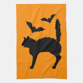 ハロウィンの驚いた猫とコウモリのシルエット オレンジ キッチンタオル