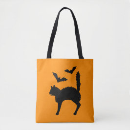 ハロウィンの驚いた猫とコウモリのシルエット オレンジ トートバッグ