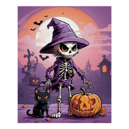 ハロウィンの骸骨と黒猫とカボチャ ポスター
