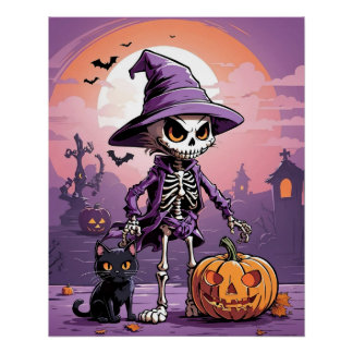 ハロウィンの骸骨と黒猫とカボチャ ポスター