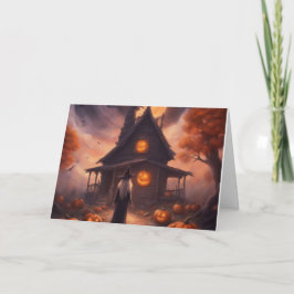 ハロウィンの魔女が彼女の呪われた家へ行くカード シーズンカード
