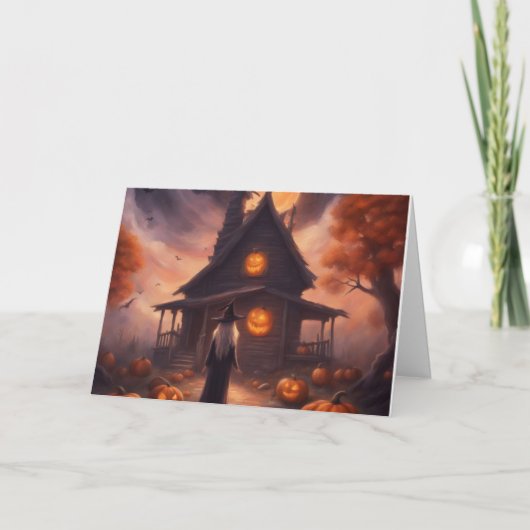 ハロウィンの魔女が彼女の呪われた家へ行くカード シーズンカード (正面)