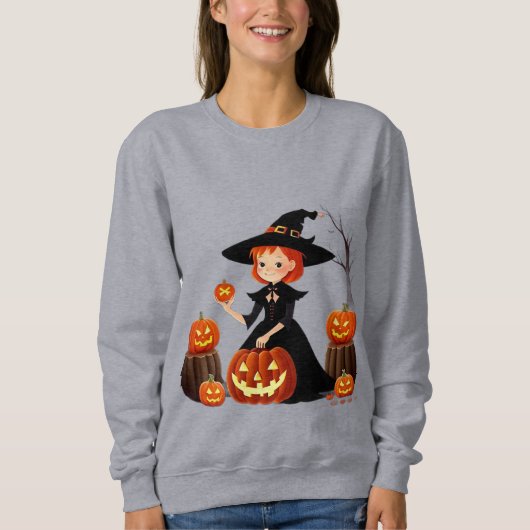 ハロウィンの魔女とかぼちゃの収穫の楽しみ スウェットシャツ (正面)