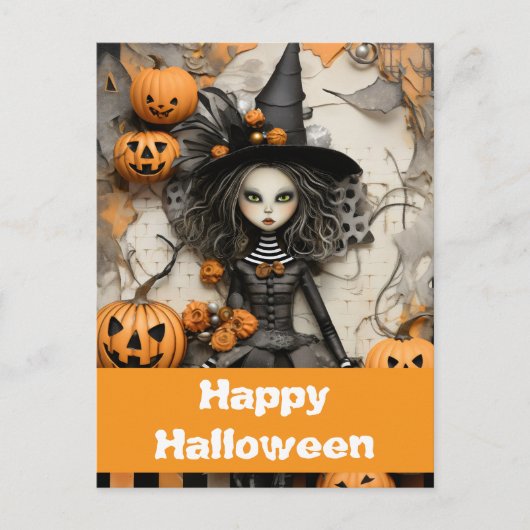 ハロウィンの魔女とカボチャ ポストカード (正面)