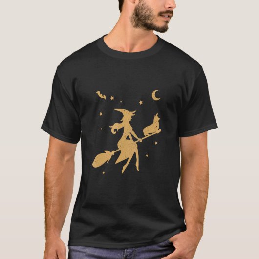 ハロウィンの魔女とコーギーの飛行 Tシャツ (正面)