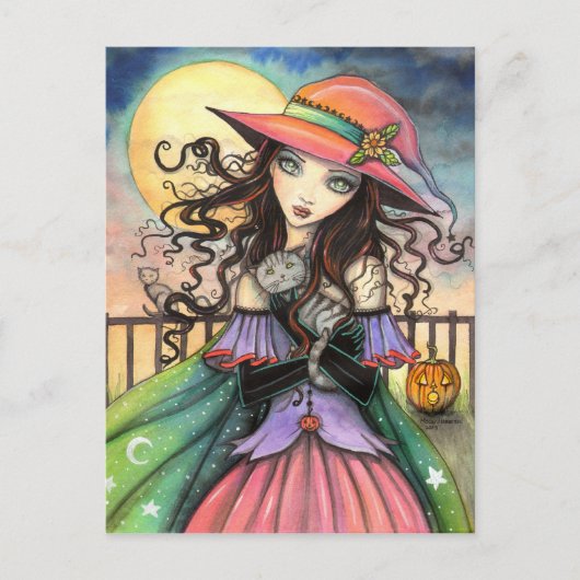 ハロウィンの魔女とタビー猫のイラスト ポストカード (正面)