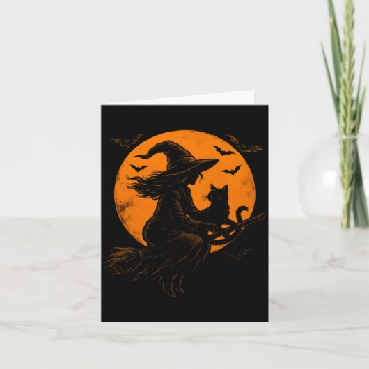ハロウィンの魔女と可愛い黒猫 カード (正面)