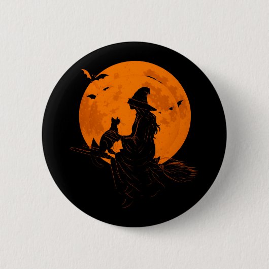 ハロウィンの魔女と可愛い黒猫 缶バッジ (正面)