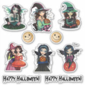 ハロウィンの魔女と吸血鬼のかわいいアート シール (正面)