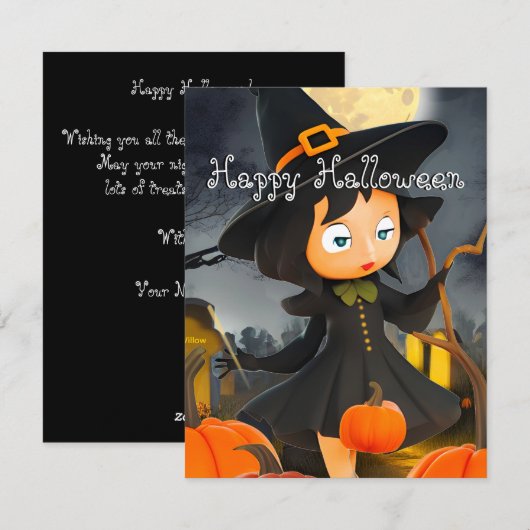 ハロウィンの魔女と満月のかぼちゃ畑のホリデーカード シーズンカード (正面/裏面)