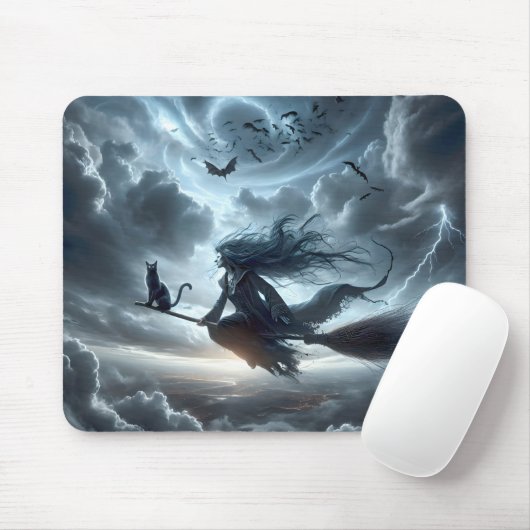 ハロウィンの魔女と箒上の猫 マウスパッド (マウス)