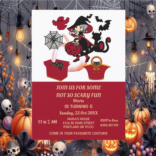 ハロウィンの魔女と蜘蛛の巣とカボチャの子供の誕生日 招待状