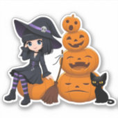 ハロウィンの魔女と黒猫とかぼちゃ シール (正面)