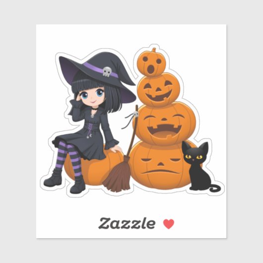 ハロウィンの魔女と黒猫とかぼちゃ シール (シート)