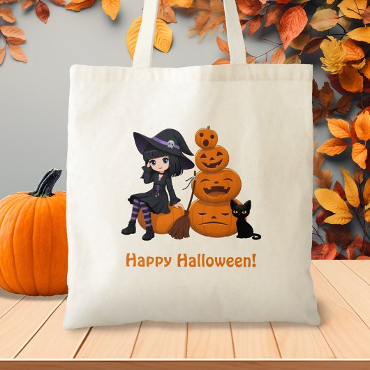 ハロウィンの魔女と黒猫とかぼちゃ トートバッグ