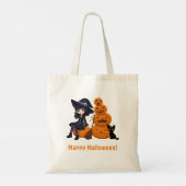 ハロウィンの魔女と黒猫とかぼちゃ トートバッグ (裏面)