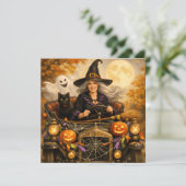ハロウィンの魔女と黒猫とビンテージカー シーズンカード (スタンド正面)