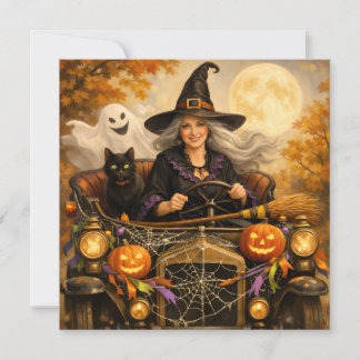 ハロウィンの魔女と黒猫とビンテージカー シーズンカード