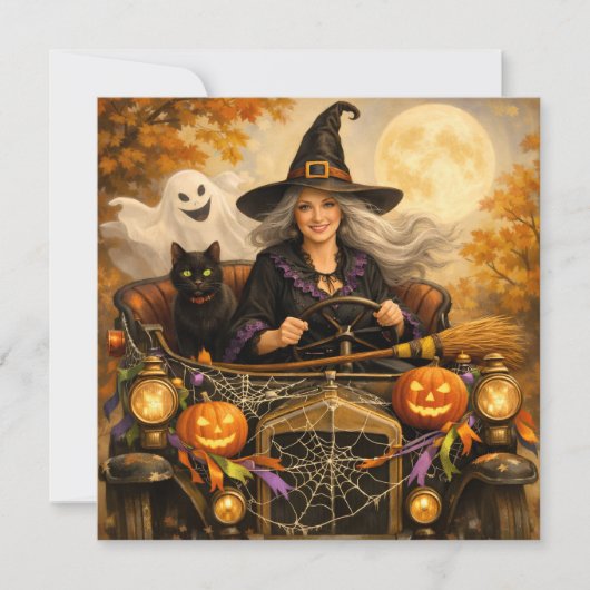 ハロウィンの魔女と黒猫とビンテージカー シーズンカード (正面)