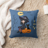 ハロウィンの魔女と黒猫と曲がったカボチャ クッション (ブランケット)