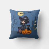 ハロウィンの魔女と黒猫と曲がったカボチャ クッション (裏面)