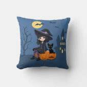 ハロウィンの魔女と黒猫と曲がったカボチャ クッション (正面)
