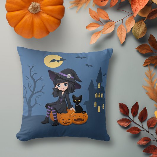 ハロウィンの魔女と黒猫と曲がったカボチャ クッション