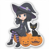 ハロウィンの魔女と黒猫と曲がったカボチャ シール (正面)