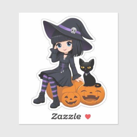 ハロウィンの魔女と黒猫と曲がったカボチャ シール (シート)