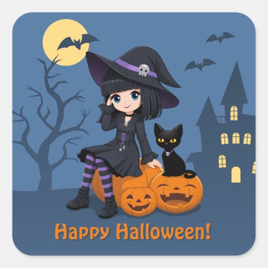 ハロウィンの魔女と黒猫と曲がったカボチャ スクエアシール (正面)