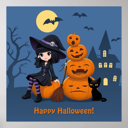 ハロウィンの魔女と黒猫、かぼちゃ ポスター (正面)