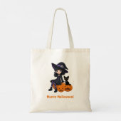 ハロウィンの魔女と黒猫、湾曲したカボチャ トートバッグ (裏面)