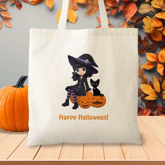ハロウィンの魔女と黒猫、湾曲したカボチャ トートバッグ