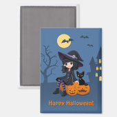 ハロウィンの魔女と黒猫、湾曲したカボチャ マグネット (正面/裏面)