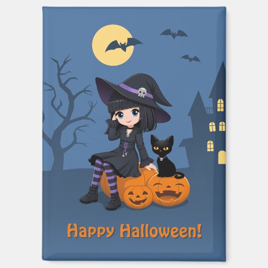 ハロウィンの魔女と黒猫、湾曲したカボチャ マグネット (正面)