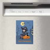 ハロウィンの魔女と黒猫、湾曲したカボチャ マグネット (インサイチュ (食洗機))