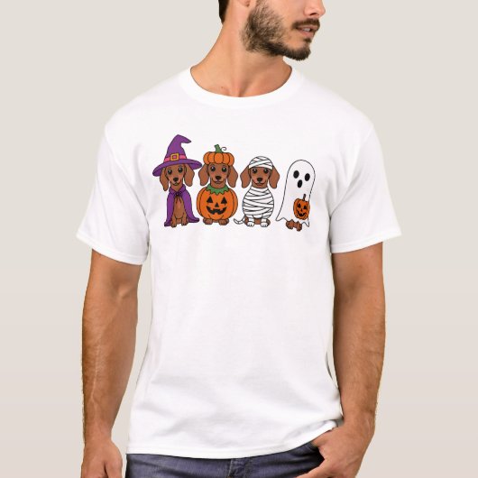 ハロウィンの魔女のかぼちゃミイラ犬の幽霊のダックスフント Tシャツ (正面)