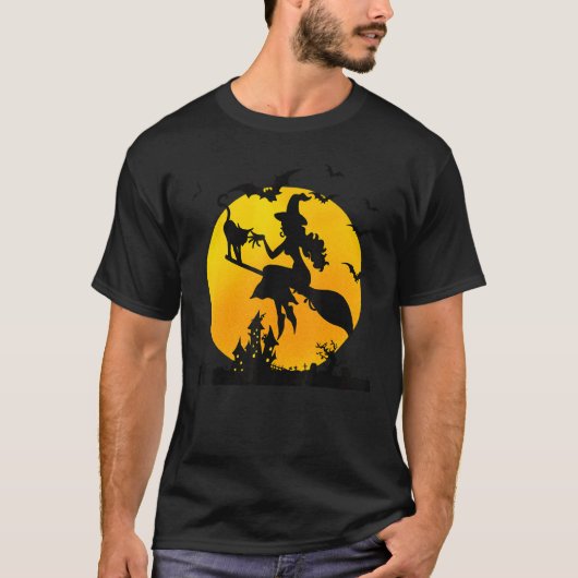 ハロウィンの魔女のほうきに乗った猫とコウモリ Tシャツ (正面)