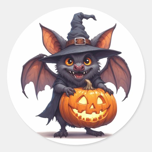 ハロウィンの魔女のコウモリとカボチャのランタン 🎃 ラウンドシール (正面)