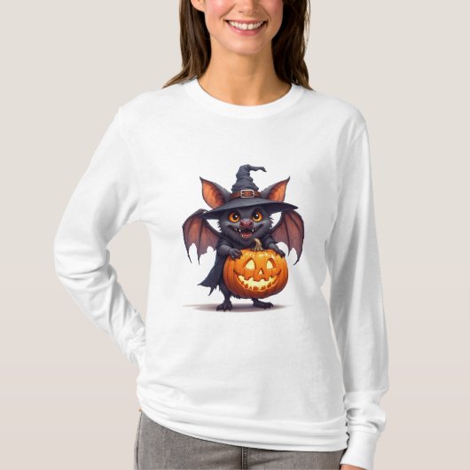 ハロウィンの魔女のコウモリとカボチャのランタン 🎃 Tシャツ (正面)