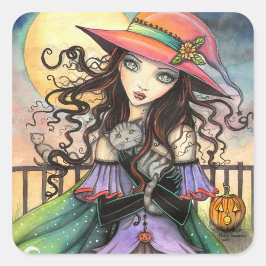 ハロウィンの魔女のタビー猫の幻想的なアート スクエアシール (正面)