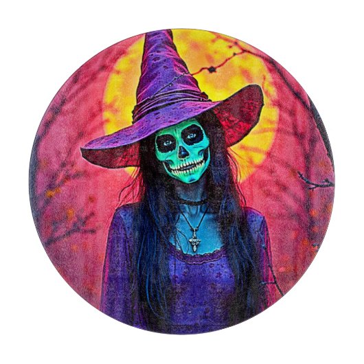ハロウィンの魔女のドクロ顔デザイン カッティングボード (正面)