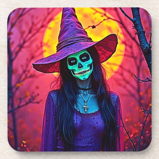 ハロウィンの魔女のドクロ顔デザイン コースター (正面)