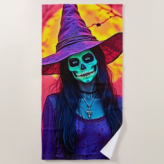 ハロウィンの魔女のドクロ顔デザイン ビーチタオル (正面)