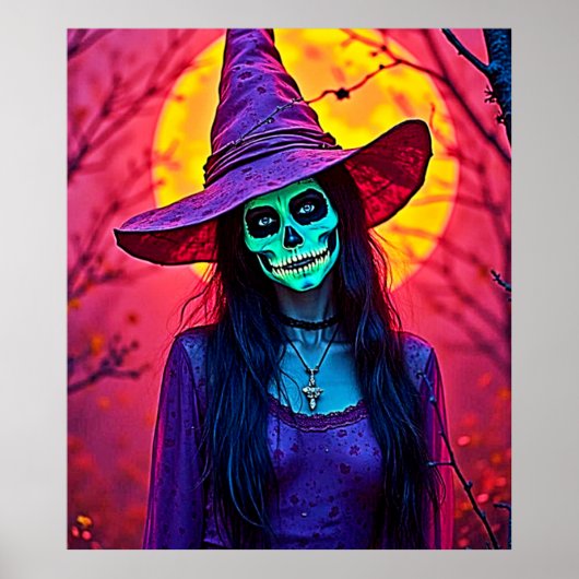 ハロウィンの魔女のドクロ顔デザイン ポスター (正面)