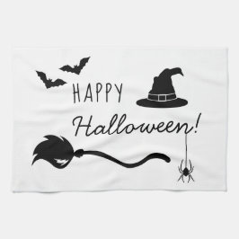 ハロウィンの魔女の帽子と箒、蜘蛛とコウモリ キッチンタオル