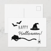 ハロウィンの魔女の帽子と箒、蜘蛛とコウモリ ポストカード (正面/裏面)