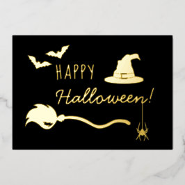 ハロウィンの魔女の帽子と箒、蜘蛛とコウモリ 箔シーズンカード