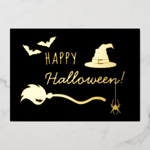 ハロウィンの魔女の帽子と箒、蜘蛛とコウモリ 箔シーズンカード