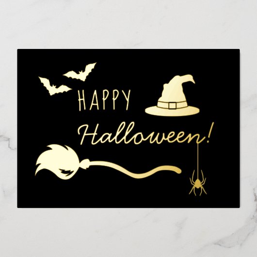 ハロウィンの魔女の帽子と箒、蜘蛛とコウモリ 箔シーズンカード (正面)